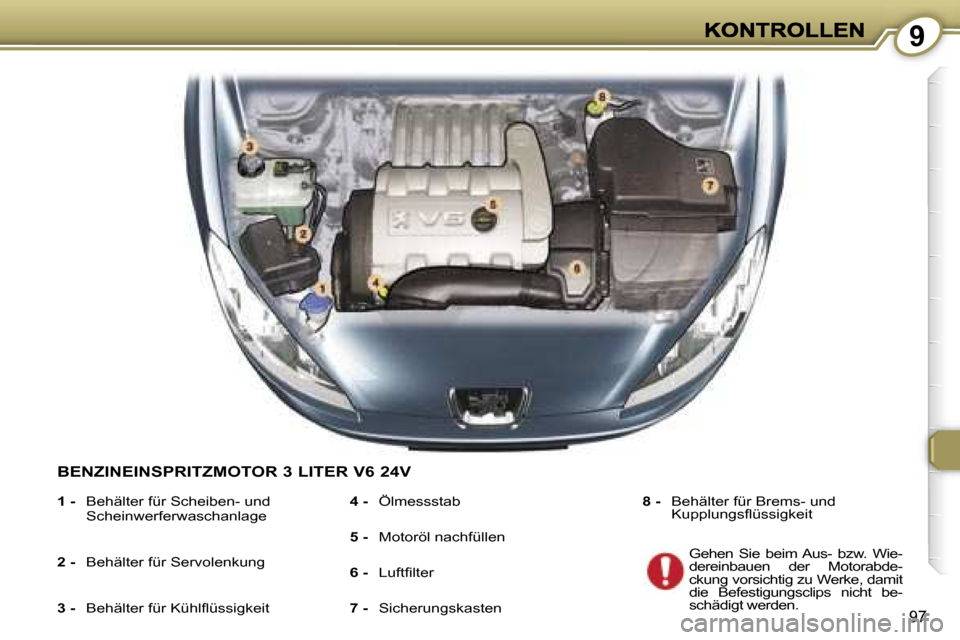 Peugeot 407 C 2006.5  Betriebsanleitung (in German) �9
�9�7
�B�E�N�Z�I�N�E�I�N�S�P�R�I�T�Z�M�O�T�O�R� �3� �L�I�T�E�R� �V�6� �2�4�V� 
�1� �-�  �B�e�h�ä�l�t�e�r� �f�ü�r� �S�c�h�e�i�b�e�n�-� �u�n�d� �S�c�h�e�i�n�w�e�r�f�e�r�w�a�s�c�h�a�n�l�a�g�e
�2� �-�