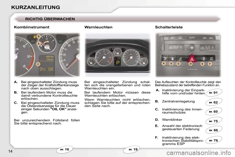 Peugeot 407 C 2006.5  Betriebsanleitung (in German) �1�4
�K�U�R�Z�A�N�L�E�I�T�U�N�G
�R�I�C�H�T�I�G� �Ü�B�E�R�W�A�C�H�E�N� 
�� �1�6�B�e�i�  �e�i�n�g�e�s�c�h�a�l�t�e�t�e�r�  �Z�ü�n�d�u�n�g�  �s�c�h�a�l�- 
�t�e�n�  �s�i�c�h�  �d�i�e�  �o�r�a�n�g�e�f�