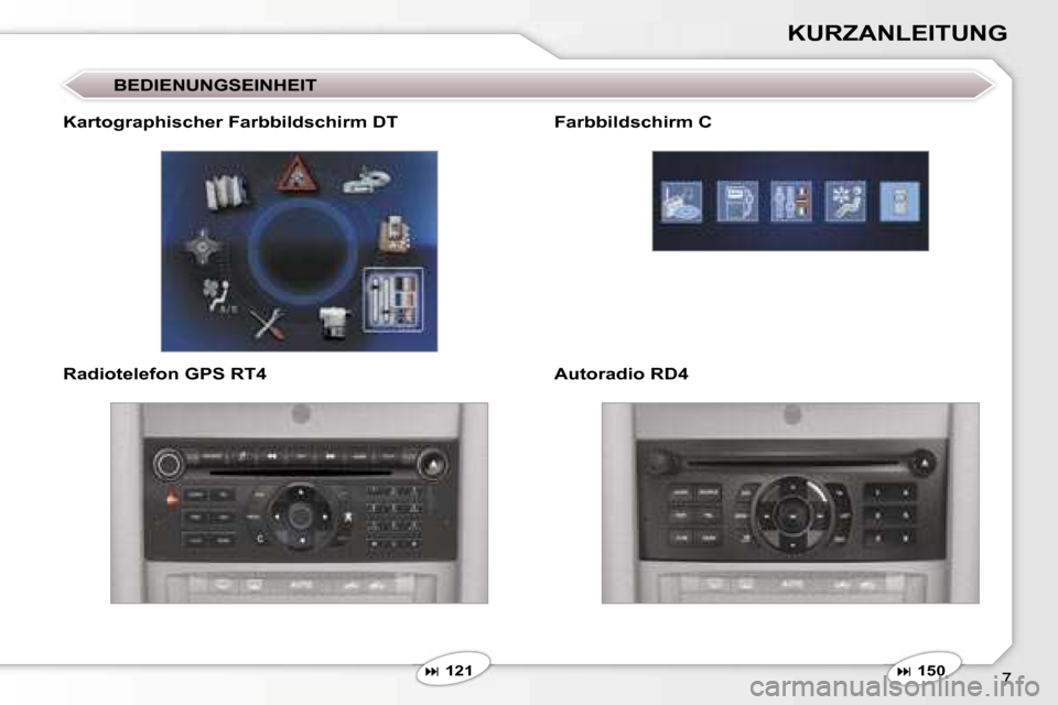 Peugeot 407 C 2006.5  Betriebsanleitung (in German) �7
�K�U�R�Z�A�N�L�E�I�T�U�N�G
�B�E�D�I�E�N�U�N�G�S�E�I�N�H�E�I�T� 
�K�a�r�t�o�g�r�a�p�h�i�s�c�h�e�r� �F�a�r�b�b�i�l�d�s�c�h�i�r�m� �D�T 
�R�a�d�i�o�t�e�l�e�f�o�n� �G�P�S� �R�T�4
� � �1�5�0� 
� �