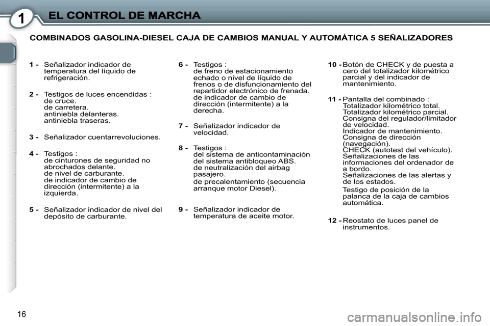 Peugeot 407 C 2006.5  Manual del propietario (in Spanish) �1
�1�6
�1� �-�  �S�e�ñ�a�l�i�z�a�d�o�r� �i�n�d�i�c�a�d�o�r� �d�e� �t�e�m�p�e�r�a�t�u�r�a� �d�e�l� �l�í�q�u�i�d�o� �d�e� �r�e�f�r�i�g�e�r�a�c�i�ó�n�.
�2� �-� �T�e�s�t�i�g�o�s� �d�e� �l�u�c�e�s� �e�
