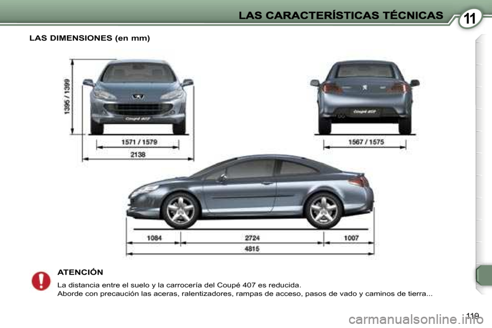 Peugeot 407 C 2006.5  Manual del propietario (in Spanish) �1�1
�1�1�9
�L�A�S� �D�I�M�E�N�S�I�O�N�E�S� �(�e�n� �m�m�)�A�T�E�N�C�I�Ó�N
�L�a� �d�i�s�t�a�n�c�i�a� �e�n�t�r�e� �e�l� �s�u�e�l�o� �y� �l�a� �c�a�r�r�o�c�e�r�í�a� �d�e�l� �C�o�u�p�é� �4�0�7� �e�s� 