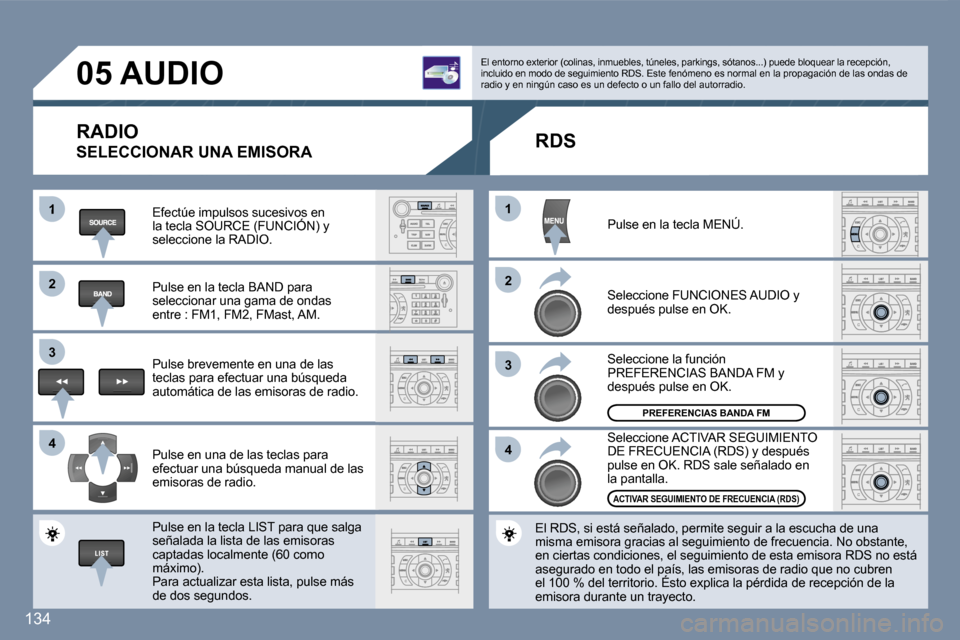 Peugeot 407 C 2006.5  Manual del propietario (in Spanish) �1
�2�2
�3�3
�4�4
�1�1
�2�2
�3�3
�4�4
�1�3�4
�0�5� �A�U�D�I�O
�R�A�D�I�O
�S�E�L�E�C�C�I�O�N�A�R� �U�N�A� �E�M�I�S�O�R�A
�E�f�e�c�t�ú�e� �i�m�p�u�l�s�o�s� �s�u�c�e�s�i�v�o�s� �e�n� �l�a� �t�e�c�l�a� �