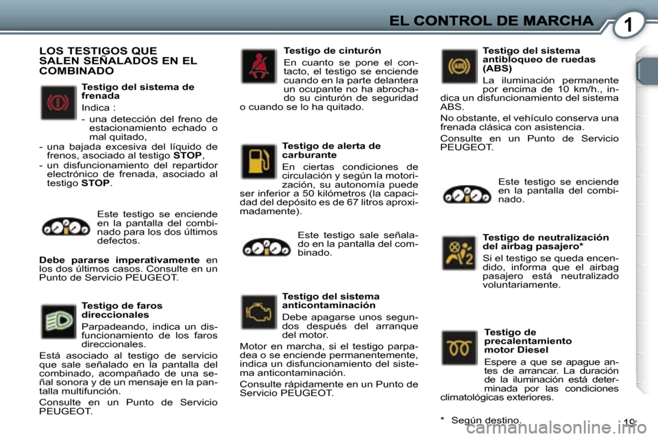 Peugeot 407 C 2006.5  Manual del propietario (in Spanish) �1
�1�9
�T�e�s�t�i�g�o� �d�e�l� �s�i�s�t�e�m�a� �d�e� �f�r�e�n�a�d�a
�I�n�d�i�c�a� �:
�-�  �u�n�a�  �d�e�t�e�c�c�i�ó�n�  �d�e�l�  �f�r�e�n�o�  �d�e� �e�s�t�a�c�i�o�n�a�m�i�e�n�t�o�  �e�c�h�a�d�o�  �o
