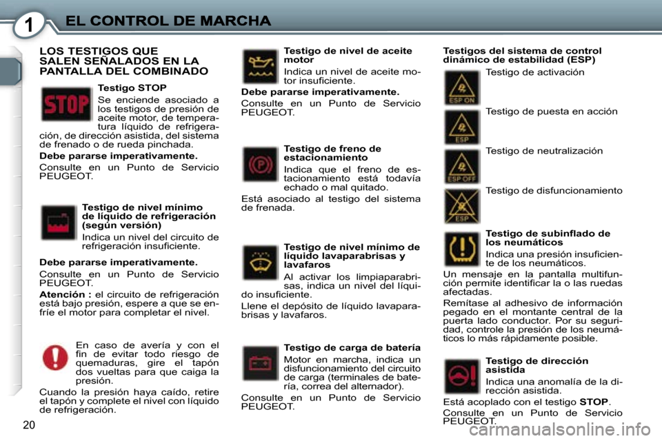 Peugeot 407 C 2006.5  Manual del propietario (in Spanish) �1
�2�0
�T�e�s�t�i�g�o� �d�e� �s�u�b�i�n�ﬂ�a�d�o� �d�e� �l�o�s� �n�e�u�m�á�t�i�c�o�s
�I�n�d�i�c�a� �u�n�a� �p�r�e�s�i�ó�n� �i�n�s�u�ﬁ�c�i�e�n�-�t�e� �d�e� �l�o�s� �n�e�u�m�á�t�i�c�o�s�.
�U�n�  