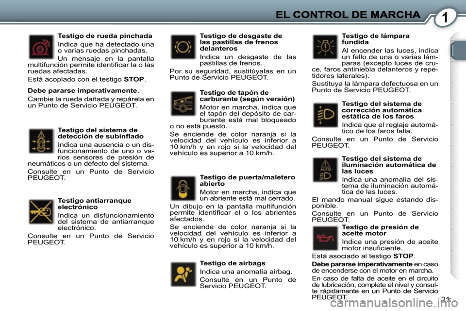 Peugeot 407 C 2006.5  Manual del propietario (in Spanish) �1
�2�1
�T�e�s�t�i�g�o� �d�e�l� �s�i�s�t�e�m�a� �d�e� �d�e�t�e�c�c�i�ó�n� �d�e� �s�u�b�i�n�ﬂ�a�d�o
�I�n�d�i�c�a� �u�n�a� �a�u�s�e�n�c�i�a� �o� �u�n� �d�i�s�-�f�u�n�c�i�o�n�a�m�i�e�n�t�o�  �d�e�  �u