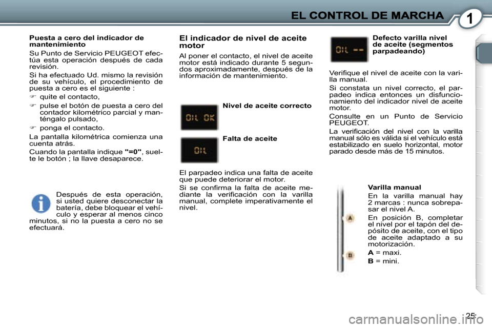 Peugeot 407 C 2006.5  Manual del propietario (in Spanish) �1
�2�5
�P�u�e�s�t�a� �a� �c�e�r�o� �d�e�l� �i�n�d�i�c�a�d�o�r� �d�e� �m�a�n�t�e�n�i�m�i�e�n�t�o
�S�u� �P�u�n�t�o� �d�e� �S�e�r�v�i�c�i�o� �P�E�U�G�E�O�T� �e�f�e�c�-�t�ú�a�  �e�s�t�a�  �o�p�e�r�a�c�i