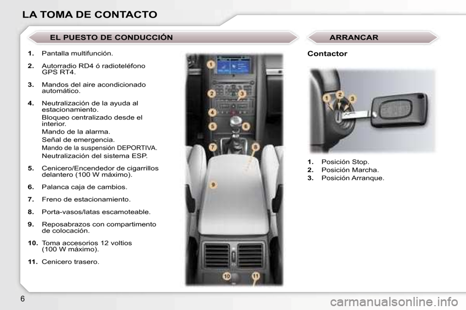 Peugeot 407 C 2006.5  Manual del propietario (in Spanish) �6
�L�A� �T�O�M�A� �D�E� �C�O�N�T�A�C�T�O
�1�.�  �P�a�n�t�a�l�l�a� �m�u�l�t�i�f�u�n�c�i�ó�n�.
�2�. �  �A�u�t�o�r�r�a�d�i�o� �R�D�4� �ó� �r�a�d�i�o�t�e�l�é�f�o�n�o� 
�G�P�S� �R�T�4�.
�3�. �  �M�a�n�