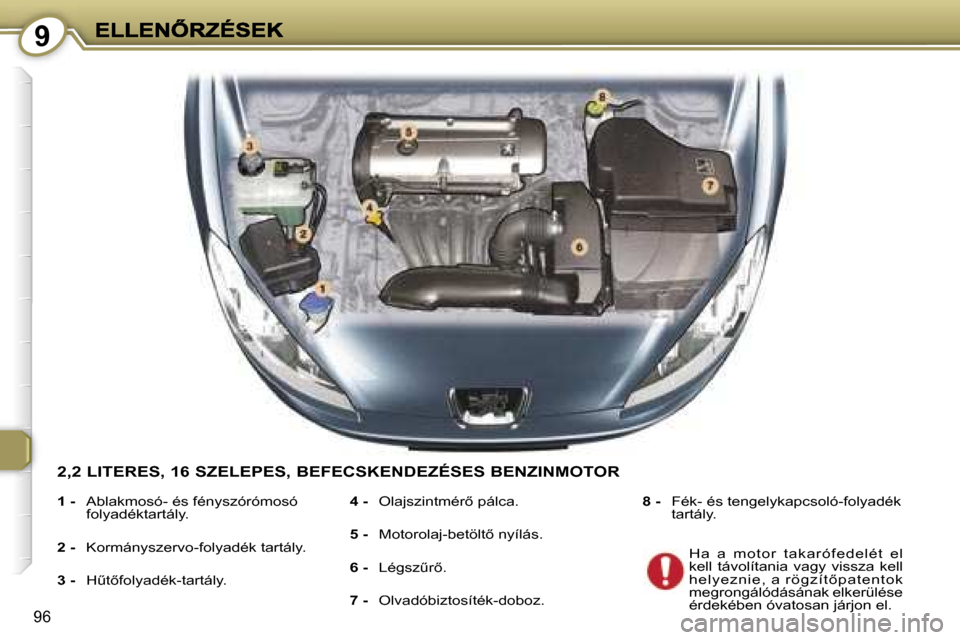 Peugeot 407 C 2006.5  Kezelési útmutató (in Hungarian) �9
�9�6
�2�,�2� �L�I�T�E�R�E�S�,� �1�6� �S�Z�E�L�E�P�E�S�,� �B�E�F�E�C�S�K�E�N�D�E�Z�É�S�E�S� �B�E�N�Z�I�N�M�O�T�O�R
�1� �-�  �A�b�l�a�k�m�o�s�ó�-� �é�s� �f�é�n�y�s�z�ó�r�ó�m�o�s�ó� �f�o�l�y�a�