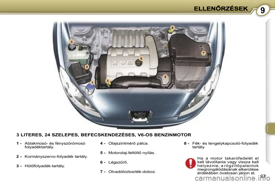 Peugeot 407 C 2006.5  Kezelési útmutató (in Hungarian) �9
�9�7
�3� �L�I�T�E�R�E�S�,� �2�4� �S�Z�E�L�E�P�E�S�,� �B�E�F�E�C�S�K�E�N�D�E�Z�É�S�E�S�,� �V�6�-�O�S� �B�E�N�Z�I�N�M�O�T�O�R
�1� �-�  �A�b�l�a�k�m�o�s�ó�-� �é�s� �f�é�n�y�s�z�ó�r�ó�m�o�s�ó� �