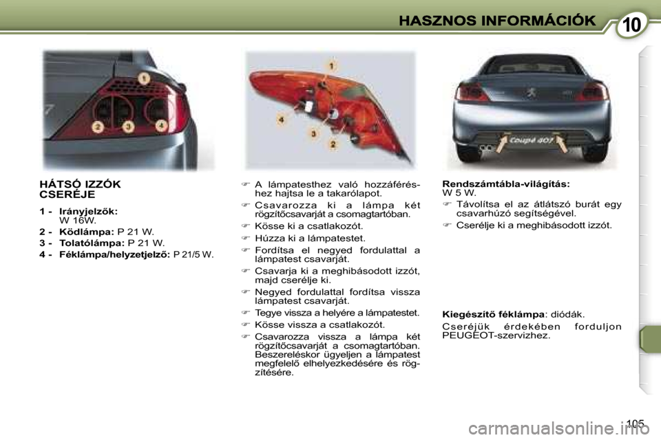 Peugeot 407 C 2006.5  Kezelési útmutató (in Hungarian) �1�0�1�0
�1�0�5
�H�Á�T�S�Ó� �I�Z�Z�Ó�K�  
�C�S�E�R�É�J�E
�1� �-�  �I�r�á�n�y�j�e�l�z5�k�:�W� �1�6�W�.
�2� �-�  �K�ö�d�l�á�m�p�a�:� �P� �2�1� �W�.
�3� �-�  �T�o�l�a�t�ó�l�á�m�p�a�:� �P� �2�1�