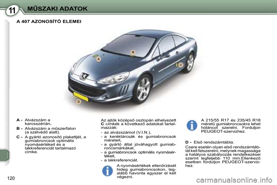 Peugeot 407 C 2006.5  Kezelési útmutató (in Hungarian) �1�1�MB�S�Z�A�K�I� �A�D�A�T�O�K
�1�2�0
�A� �-� �A�l�v�á�z�s�z�á�m� �a�  
�k�a�r�o�s�s�z�é�r�i�á�n �.
�B� �-�  �A�l�v�á�z�s�z�á�m� �a� �mC�s�z�e�r�f�a�l�o�n� 
�(�a� �s�z�é�l�v�é�d5� �a�l�a�t