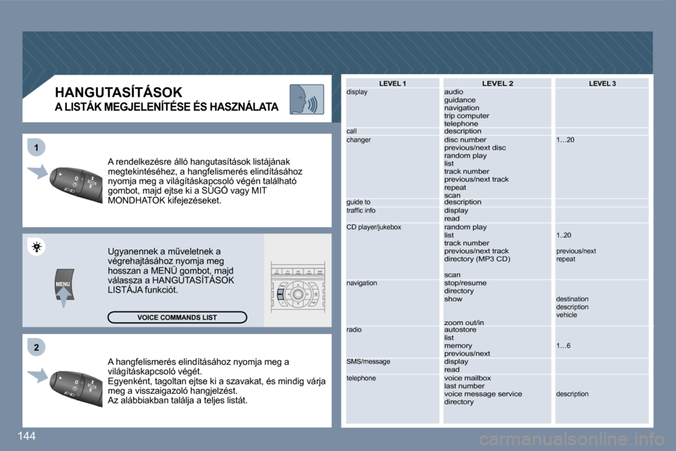 Peugeot 407 C 2006.5  Kezelési útmutató (in Hungarian) �2�2
�1�1
�1�4�4
�A� �h�a�n�g�f�e�l�i�s�m�e�r�é�s� �e�l�i�n�d�í�t�á�s�á�h�o�z� �n�y�o�m�j�a� �m�e�g� �a� �A� �h�a�n�g�f�e�l�i�s�m�e�r�é�s� �e�l�i�n�d�í�t�á�s�á�h�o�z� �n�y�o�m�j�a� �m�e�g� �a�