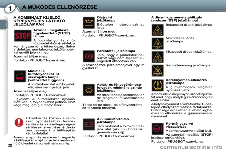 Peugeot 407 C 2006.5  Kezelési útmutató (in Hungarian) �1
�2�0
�K�e�r�é�k�n�y�o�m�á�s�-�e�l�l�e�n5�r�z5� �j�e�l�z5�l�á�m�p�a
�A�  �g�u�m�i�a�b�r�o�n�c�s�o�k�  �e�l�é�g�t�e�l�e�n� �n�y�o�m�á�s�á�t� �j�e�l�z�i�.
�A� �t�ö�b�b�f�u�n�k�c�i�ó�s� �k�