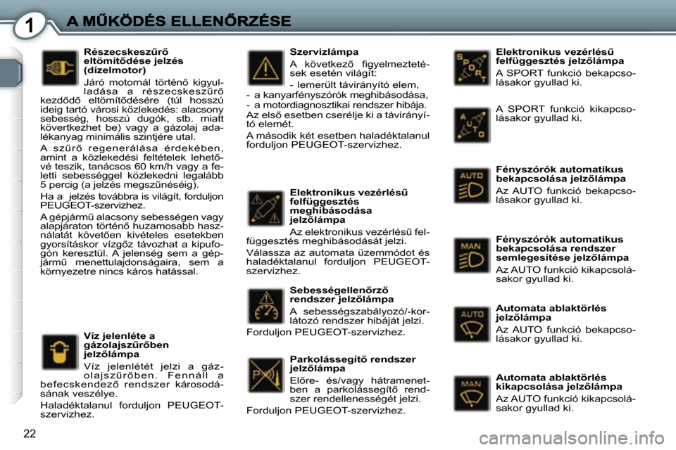 Peugeot 407 C 2006.5  Kezelési útmutató (in Hungarian) �1
�2�2
�E�l�e�k�t�r�o�n�i�k�u�s� �v�e�z�é�r�l�é�sC� �f�e�l�f�ü�g�g�e�s�z�t�é�s� �j�e�l�z5�l�á�m�p�a
�A�  �S�P�O�R�T�  �f�u�n�k�c�i�ó�  �b�e�k�a�p�c�s�o�-�l�á�s�a�k�o�r� �g�y�u�l�l�a�d� �k�i�