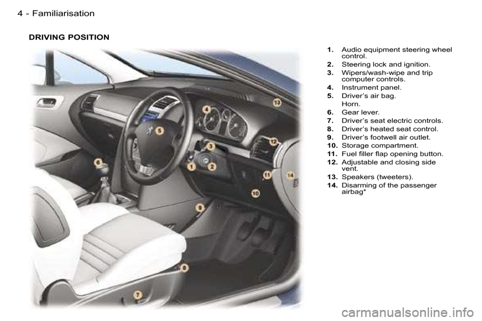 Peugeot 407 C 2006  Owners Manual �F�a�m�i�l�i�a�r�i�s�a�t�i�o�n�4 �-
�1�.�  �A�u�d�i�o� �e�q�u�i�p�m�e�n�t� �s�t�e�e�r�i�n�g� �w�h�e�e�l� 
�c�o�n�t�r�o�l�.
�2�. �  �S�t�e�e�r�i�n�g� �l�o�c�k� �a�n�d� �i�g�n�i�t�i�o�n�.
�3�. �  �W�i�p