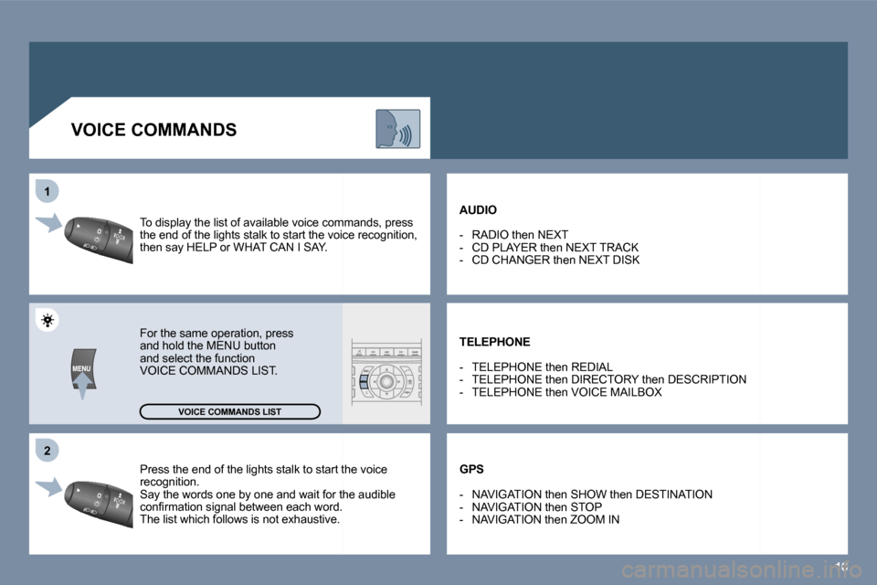 Peugeot 407 C 2006  Owners Manual �1�6
�2
�1
�P�r�e�s�s� �t�h�e� �e�n�d� �o�f� �t�h�e� �l�i�g�h�t�s� �s�t�a�l�k� �t�o� �s�t�a�r�t� �t�h�e� �v�o�i�c �e� 
�r�e�c�o�g�n�i�t�i�o�n�. 
�S�a�y� �t�h�e� �w�o�r�d�s� �o�n�e� �b�y� �o�n�e� �a�n�