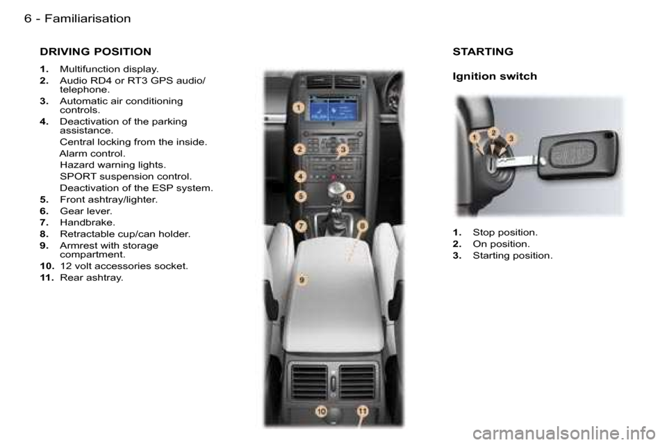 Peugeot 407 C 2006  Owners Manual �F�a�m�i�l�i�a�r�i�s�a�t�i�o�n�6 �-
�D�R�I�V�I�N�G� �P�O�S�I�T�I�O�N
�1�.�  �M�u�l�t�i�f�u�n�c�t�i�o�n� �d�i�s�p�l�a�y�.
�2�. �  �A�u�d�i�o� �R�D�4� �o�r� �R�T�3� �G�P�S� �a�u�d�i�o�/
�t�e�l�e�p�h�o�n