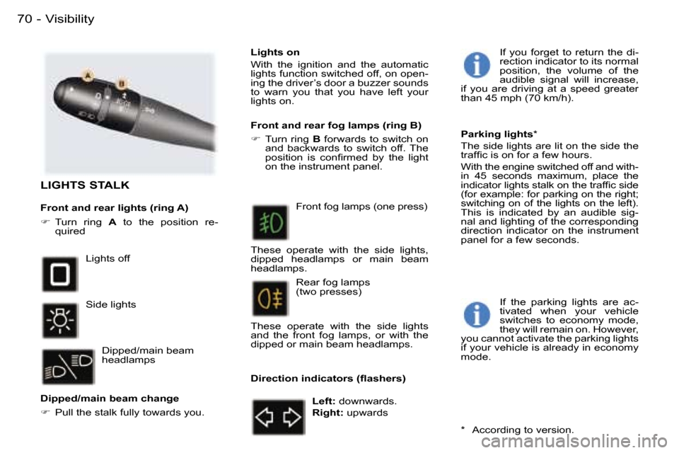 Peugeot 407 C 2006 Manual PDF �V�i�s�i�b�i�l�i�t�y�7�0 �-
�L�I�G�H�T�S� �S�T�A�L�K
�F�r�o�n�t� �a�n�d� �r�e�a�r� �l�i�g�h�t�s� �(�r�i�n�g� �A�) 
��  �T�u�r�n�  �r�i�n�g�  �A�  �t�o�  �t�h�e�  �p�o�s�i�t�i�o�n�  �r�e�-
�q�u�i�r�