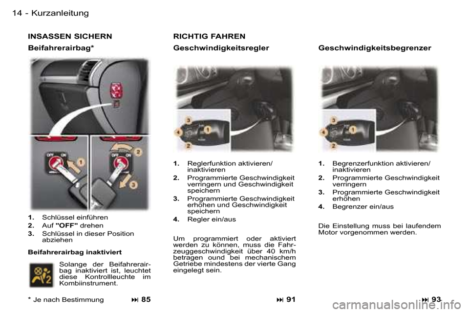 Peugeot 407 C 2006  Betriebsanleitung (in German) �K�u�r�z�a�n�l�e�i�t�u�n�g�1�4 �-
�I�N�S�A�S�S�E�N� �S�I�C�H�E�R�N
�B�e�i�f�a�h�r�e�r�a�i�r�b�a�g�*�� �8�5
�1�. �  �R�e�g�l�e�r�f�u�n�k�t�i�o�n� �a�k�t�i�v�i�e�r�e�n�/� 
�i�n�a�k�t�i�v�i�e�r�e�n
�2