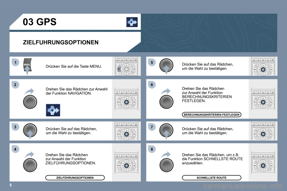 Peugeot 407 C 2006  Betriebsanleitung (in German) �5
�1
�2 
�3 
�4 �5
�6 
�7 
�8
�0�3� �G�P�S
�Z�I�E�L�F�U�H�R�U�N�G�S�O�P�T�I�O�N�E�N� 
�D�r�ü�c�k�e�n� �S�i�e� �a�u�f� �d�i�e� �T�a�s�t�e� �M�E�N�U�.�  
�D�r�e�h�e�n� �S�i�e� �d�a�s� �R�ä�d�c�h�e�n�