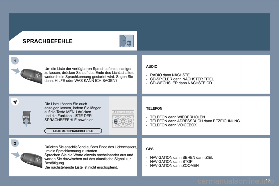 Peugeot 407 C 2006  Betriebsanleitung (in German) �1�6
�2
�1
�D�r�ü�c�k�e�n� �S�i�e� �a�n�s�c�h�l�i�e�ß�e�n�d� �a�u�f� �d�a�s� �E�n�d�e� �d�e�s� �L�i�c�h�t�s�c�h�a �l�t�e�r�s�,� 
�u�m� �d�i�e� �S�p�r�a�c�h�k�e�n�n�u�n�g� �z�u� �s�t�a�r�t�e�n�.�  
�