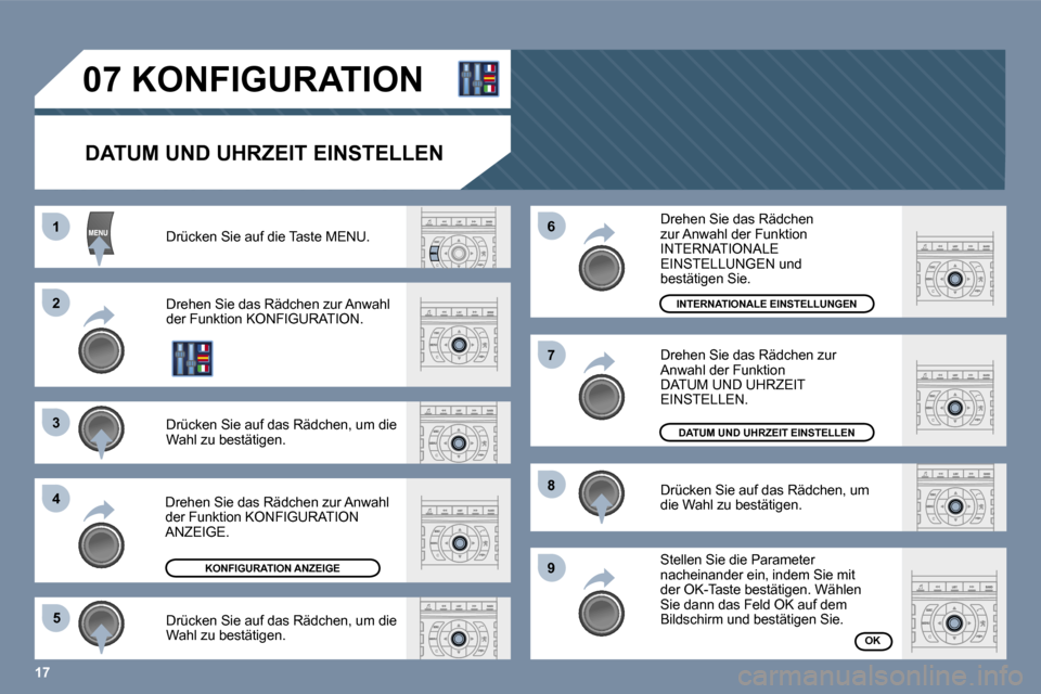 Peugeot 407 C 2006  Betriebsanleitung (in German) �1�7
�1 
�2 
�3 
�4�5 �6 
�7 
�8 
�9
�0�7� �K�O�N�F�I�G�U�R�A�T�I�O�N
�D�A�T�U�M� �U�N�D� �U�H�R�Z�E�I�T� �E�I�N�S�T�E�L�L�E�N� 
�D�r�ü�c�k�e�n� �S�i�e� �a�u�f� �d�i�e� �T�a�s�t�e� �M�E�N�U�. 
�D�r�e