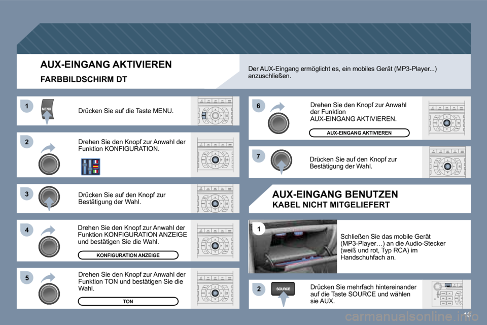Peugeot 407 C 2006  Betriebsanleitung (in German) �1�8
�2 
�3 
�4�5 �6 
�7
�2
�1
�1
�A�U�X�-�E�I�N�G�A�N�G� �A�K�T�I�V�I�E�R�E�N� 
�F�A�R�B�B�I�L�D�S�C�H�I�R�M� �D�T
�D�r�ü�c�k�e�n� �S�i�e� �a�u�f� �d�i�e� �T�a�s�t�e� �M�E�N�U�.�  
�D�r�e�h�e�n� �S�