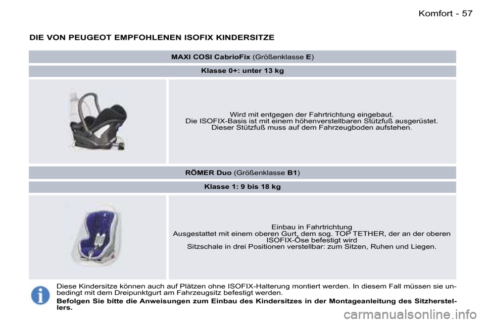 Peugeot 407 C 2006  Betriebsanleitung (in German) �5�7�K�o�m�f�o�r�t�-
�D�I�E� �V�O�N� �P�E�U�G�E�O�T� �E�M�P�F�O�H�L�E�N�E�N� �I�S�O�F�I�X� �K�I�N�D�E�R�S�I�T�Z�E
�R�Ö�M�E�R� �D�u�o� �(�G�r�ö�ß�e�n�k�l�a�s�s�e�  �B�1�)
�K�l�a�s�s�e� �1�:� �9� �b�