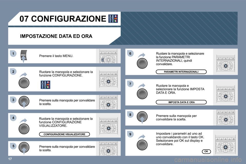 Peugeot 407 C 2006  Manuale del proprietario (in Italian) �1�7
�1 
�2 
�3 
�4�5 �6 
�7 
�8 
�9
�0�7� �C�O�N�F�I�G�U�R�A�Z�I�O�N�E
�I�M�P�O�S�T�A�Z�I�O�N�E� �D�A�T�A� �E�D� �O�R�A
�P�r�e�m�e�r�e� �i�l� �t�a�s�t�o� �M�E�N�U�. 
�R�u�o�t�a�r�e� �l�a� �m�a�n�o�p�