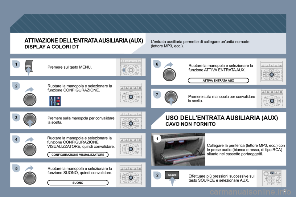 Peugeot 407 C 2006  Manuale del proprietario (in Italian) �1�8
�2 
�3 
�4�5 �6 
�7
�2
�1
�1
�A�T�T�I�V�A�Z�I�O�N�E� �D�E�L�L��E�N�T�R�A�T�A� �A�U�S�I�L�I�A�R�I�A� �(�A�U�X�)
�D�I�S�P�L�A�Y� �A� �C�O�L�O�R�I� �D�T
�P�r�e�m�e�r�e� �s�u�l� �t�a�s�t�o� �M�E�N�U