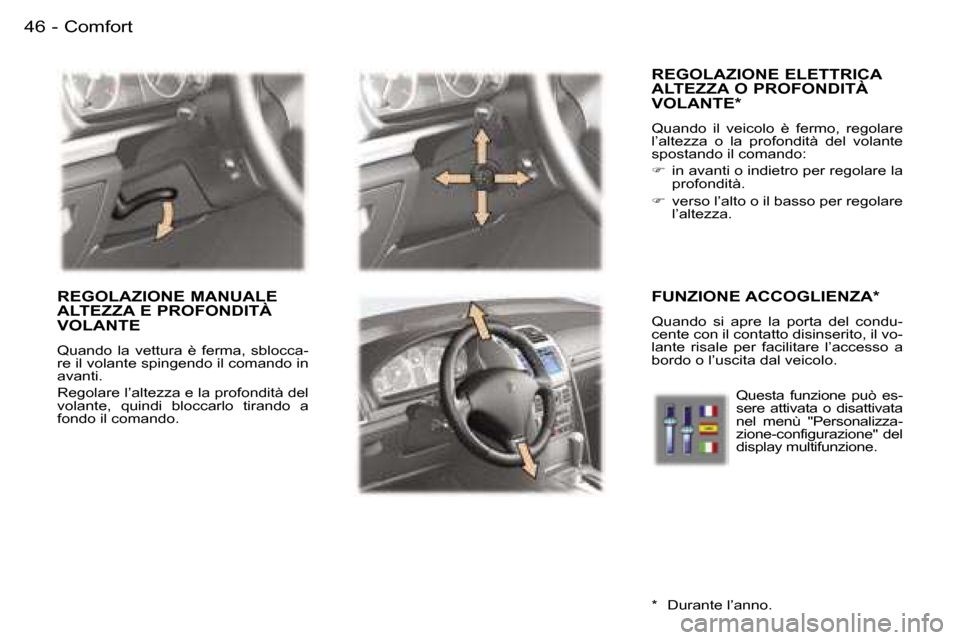 Peugeot 407 C 2006  Manuale del proprietario (in Italian) �4�6 �-
�R�E�G�O�L�A�Z�I�O�N�E� �E�L�E�T�T�R�I�C�A�  
�A�L�T�E�Z�Z�A� �O� �P�R�O�F�O�N�D�I�T�À� 
�V�O�L�A�N�T�E�*
�Q�u�a�n�d�o�  �i�l�  �v�e�i�c�o�l�o�  �è�  �f�e�r�m�o�,�  �r�e�g�o�l�a�r�e�  
�l�
