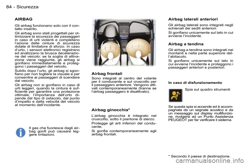 Peugeot 407 C 2006  Manuale del proprietario (in Italian) �S�i�c�u�r�e�z�z�a�8�4 �-
�A�I�R�B�A�G
�G�l�i� �a�i�r�b�a�g� �f�u�n�z�i�o�n�a�n�o� �s�o�l�o� �c�o�n� �i�l� �c�o�n�- 
�t�a�t�t�o� �i�n�s�e�r�i�t�o�. 
�G�l�i� �a�i�r�b�a�g� �s�o�n�o� �s�t�a�t�i� �p�r�o�