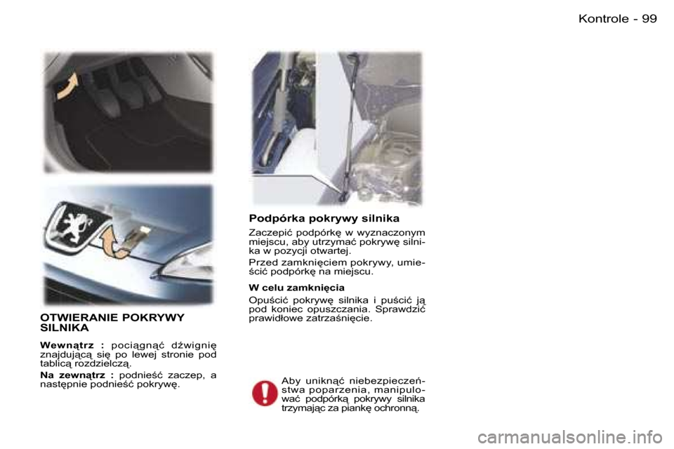 Peugeot 407 C 2006  Instrukcja Obsługi (in Polish) �9�9�K�o�n�t�r�o�l�e�-
�P�o�d�p�ó�r�k�a� �p�o�k�r�y�w�y� �s�i�l�n�i�k�a
�Z�a�c�z�e�p�i�ć�  �p�o�d�p�ó�r�k
�  �w�  �w�y�z�n�a�c�z�o�n�y�m�  
�m�i�e�j�s�c�u�,� �a�b�y� �u�t�r�z�y�m�a�ć� �p�o�k�r�y�
