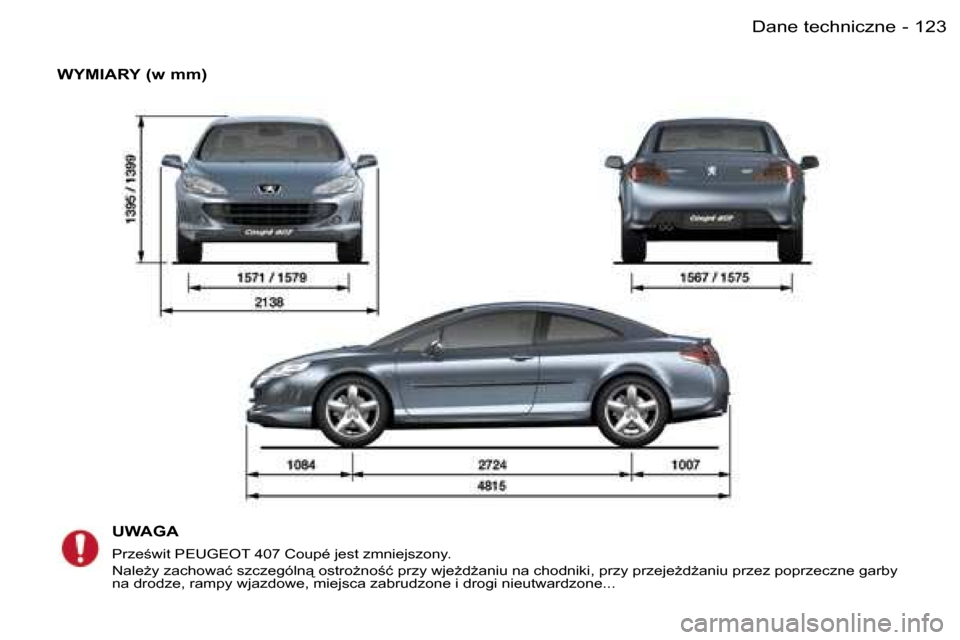 Peugeot 407 C 2006  Instrukcja Obsługi (in Polish) �1�2�3�D�a�n�e� �t�e�c�h�n�i�c�z�n�e�-
�W�Y�M�I�A�R�Y� �(�w� �m�m�)�U�W�A�G�A
�P�r�z�e;�w�i�t� �P�E�U�G�E�O�T� �4�0�7� �C�o�u�p�é� �j�e�s�t� �z�m�n�i�e�j�s�z�o�n�y�. 
� �N�a�l�eG�y� �z�a�c�h�o�w�a�