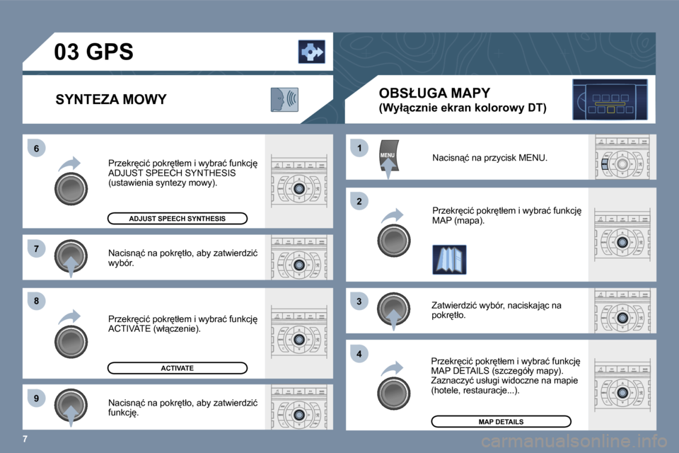 Peugeot 407 C 2006  Instrukcja Obsługi (in Polish) �7
�6 
�7 
�8 
�9�1
�2
�3 
�4
�N�a�c�i�s�n"�ć� �n�a� �p�o�k�r
�t�ł�o�,� �a�b�y� �z�a�t�w�i�e�r�d�z�i�ć�  
�w�y�b�ó�r�.
�P�r�z�e�k�r
�c�i�ć� �p�o�k�r
�t�ł�e�m� �i� �w�y�b�r�a�ć� �f�u�n�k�c�j