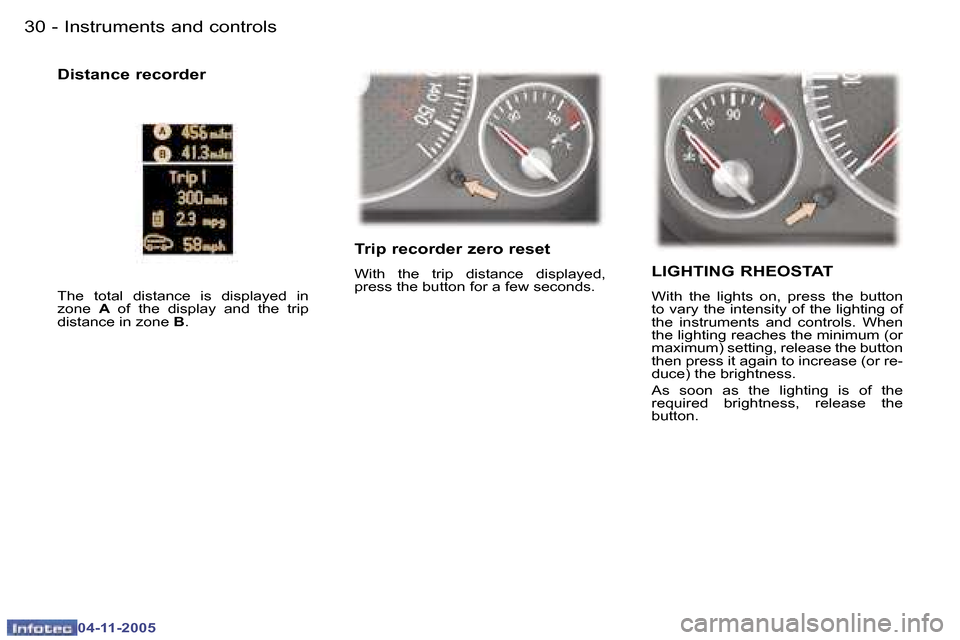 Peugeot 407 C 2005.5 Owners Guide �I�n�s�t�r�u�m�e�n�t�s� �a�n�d� �c�o�n�t�r�o�l�s�3�0 �-
�0�4�-�1�1�-�2�0�0�5
�3�1�I�n�s�t�r�u�m�e�n�t�s� �a�n�d� �c�o�n�t�r�o�l�s�-
�0�4�-�1�1�-�2�0�0�5
�T�r�i�p� �r�e�c�o�r�d�e�r� �z�e�r�o� �r�e�s�e�