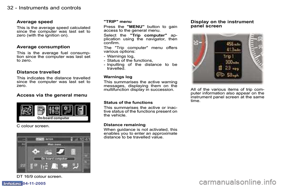 Peugeot 407 C 2005.5 Owners Guide �I�n�s�t�r�u�m�e�n�t�s� �a�n�d� �c�o�n�t�r�o�l�s�3�2 �-
�0�4�-�1�1�-�2�0�0�5
�A�v�e�r�a�g�e� �s�p�e�e�d
�T�h�i�s� �i�s� �t�h�e� �a�v�e�r�a�g�e� �s�p�e�e�d� �c�a�l�c�u�l�a�t�e�d�  
�s�i�n�c�e�  �t�h�e�