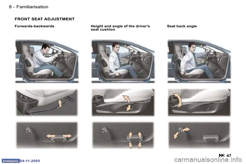 Peugeot 407 C 2005.5  Owners Manual �F�a�m�i�l�i�a�r�i�s�a�t�i�o�n�8 �-
�0�4�-�1�1�-�2�0�0�5
�9�F�a�m�i�l�i�a�r�i�s�a�t�i�o�n�-
�0�4�-�1�1�-�2�0�0�5
�H�e�i�g�h�t� �a�n�d� �a�n�g�l�e� �o�f� �t�h�e� �d�r�i�v�e�r��s�  
�s�e�a�t� �c�u�s�h�