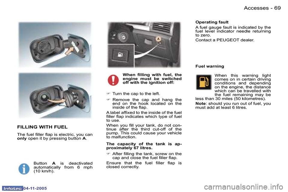 Peugeot 407 C 2005.5 Repair Manual �A�c�c�e�s�s�e�s�6�8 �-
�0�4�-�1�1�-�2�0�0�5
�6�9�A�c�c�e�s�s�e�s�-
�0�4�-�1�1�-�2�0�0�5
�F�I�L�L�I�N�G� �W�I�T�H� �F�U�E�L
�T�h�e� �f�u�e�l� �i�l�l�e�r� �l�a�p� �i�s� �e�l�e�c�t�r�i�c�,� �y�o�u� �c�a