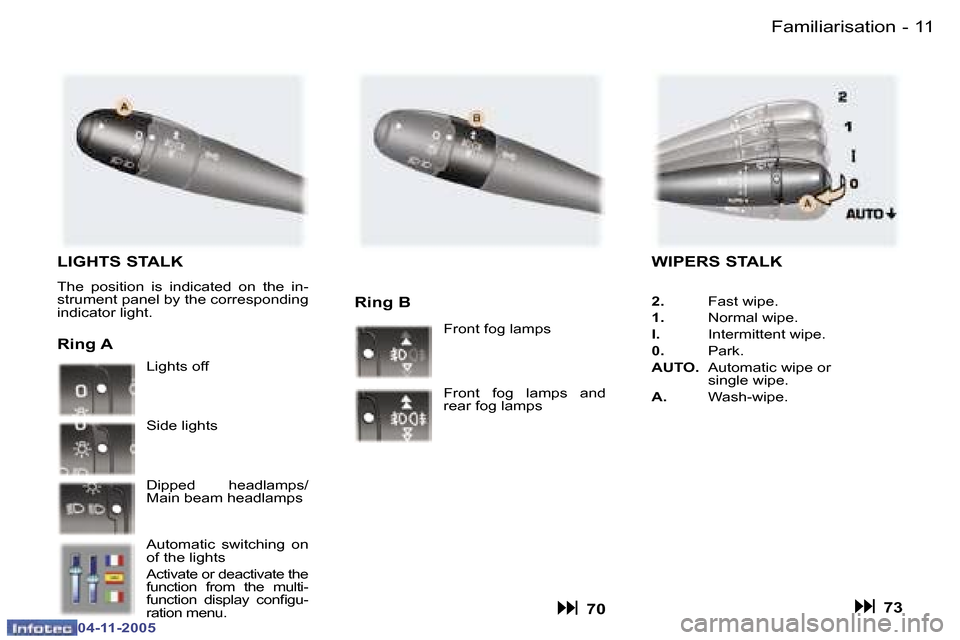 Peugeot 407 C 2005.5  Owners Manual �F�a�m�i�l�i�a�r�i�s�a�t�i�o�n�1�0 �-
�0�4�-�1�1�-�2�0�0�5
�1�1�F�a�m�i�l�i�a�r�i�s�a�t�i�o�n�-
�0�4�-�1�1�-�2�0�0�5
�L�I�G�H�T�S� �S�T�A�L�K
�T�h�e�  �p�o�s�i�t�i�o�n�  �i�s�  �i�n�d�i�c�a�t�e�d�  �o