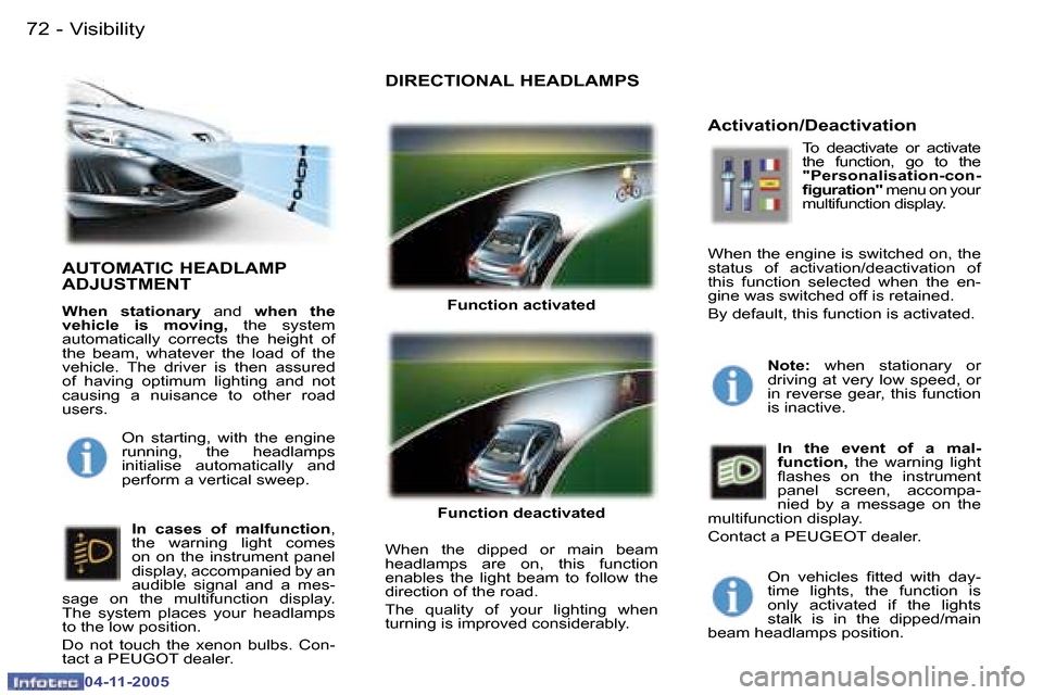 Peugeot 407 C 2005.5 Manual PDF �V�i�s�i�b�i�l�i�t�y�7�2 �-
�0�4�-�1�1�-�2�0�0�5
�7�3�V�i�s�i�b�i�l�i�t�y�-
�0�4�-�1�1�-�2�0�0�5
�A�U�T�O�M�A�T�I�C� �H�E�A�D�L�A�M�P�  
�A�D�J�U�S�T�M�E�N�T
�W�h�e�n�  �s�t�a�t�i�o�n�a�r�y� �a�n�d� �