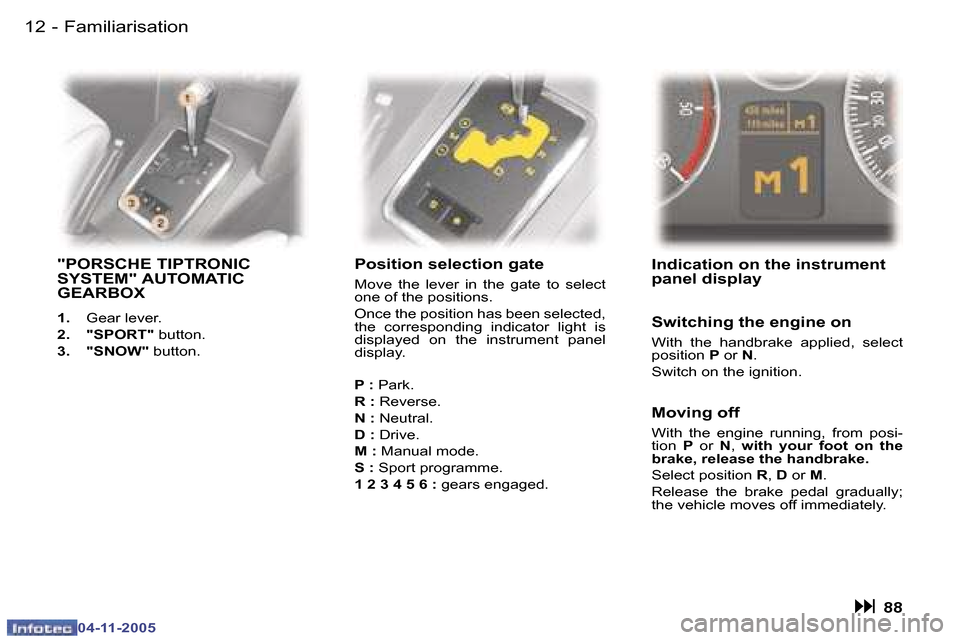 Peugeot 407 C 2005.5  Owners Manual �F�a�m�i�l�i�a�r�i�s�a�t�i�o�n�1�2 �-
�0�4�-�1�1�-�2�0�0�5
�1�3�F�a�m�i�l�i�a�r�i�s�a�t�i�o�n�-
�0�4�-�1�1�-�2�0�0�5
�"�P�O�R�S�C�H�E� �T�I�P�T�R�O�N�I�C�  
�S�Y�S�T�E�M�"� �A�U�T�O�M�A�T�I�C� 
�G�E�A