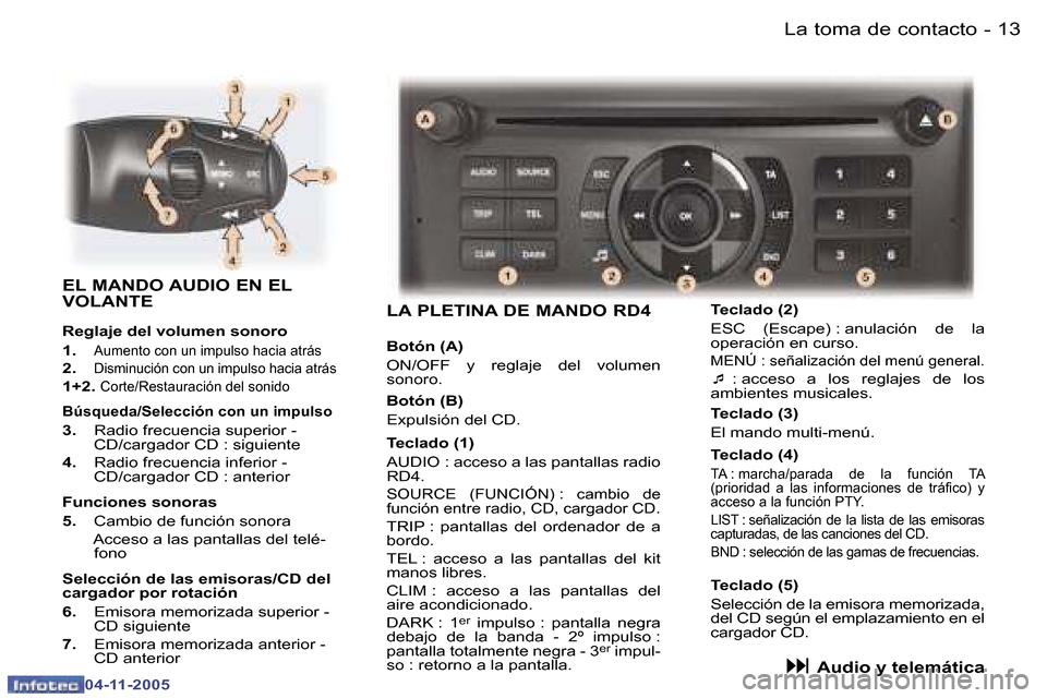 Peugeot 407 C 2005.5  Manual del propietario (in Spanish) �1�2 �-
�0�4�-�1�1�-�2�0�0�5
�1�3
�-
�0�4�-�1�1�-�2�0�0�5
�E�L� �M�A�N�D�O� �A�U�D�I�O� �E�N� �E�L�  
�V�O�L�A�N�T�E
�L�A� �P�L�E�T�I�N�A� �D�E� �M�A�N�D�O� �R�D�4
�B�o�t�ó�n� �(�A�) 
�O�N�/�O�F�F�  