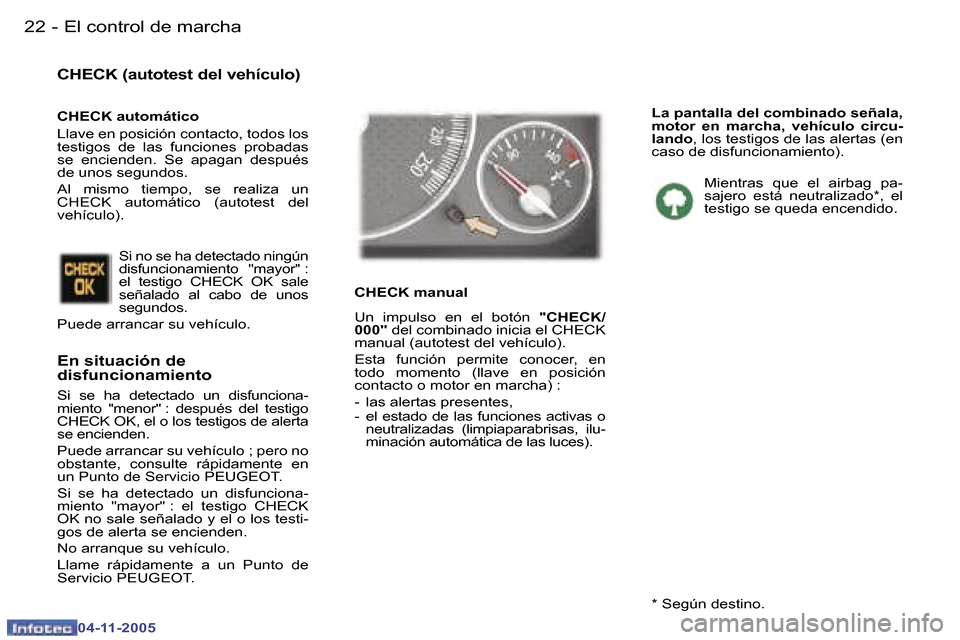Peugeot 407 C 2005.5  Manual del propietario (in Spanish) �2�2 �-
�0�4�-�1�1�-�2�0�0�5
�2�3
�-
�0�4�-�1�1�-�2�0�0�5
�C�H�E�C�K� �(�a�u�t�o�t�e�s�t� �d�e�l� �v�e�h�í�c�u�l�o�)
�E�n� �s�i�t�u�a�c�i�ó�n� �d�e�  
�d�i�s�f�u�n�c�i�o�n�a�m�i�e�n�t�o
�S�i�  �s�e�