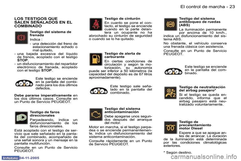 Peugeot 407 C 2005.5  Manual del propietario (in Spanish) �2�2 �-
�0�4�-�1�1�-�2�0�0�5
�2�3
�-
�0�4�-�1�1�-�2�0�0�5
�T�e�s�t�i�g�o� �d�e�l� �s�i�s�t�e�m�a� �d�e�  
�f�r�e�n�a�d�a 
�I�n�d�i�c�a� �: 
�-�  �u�n�a� �d�e�t�e�c�c�i�ó�n� �d�e�l� �f�r�e�n�o� �d�e� 