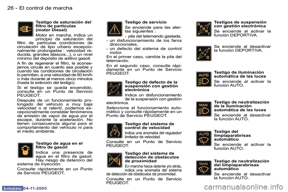 Peugeot 407 C 2005.5  Manual del propietario (in Spanish) �2�6 �-
�0�4�-�1�1�-�2�0�0�5
�2�7
�-
�0�4�-�1�1�-�2�0�0�5
�T�e�s�t�i�g�o�s� �d�e� �s�u�s�p�e�n�s�i�ó�n�  
�c�o�n� �g�e�s�t�i�ó�n� �e�l�e�c�t�r�ó�n�i�c�a 
�S�e�  �e�n�c�i�e�n�d�e�  �a�l�  �a�c�t�i�v