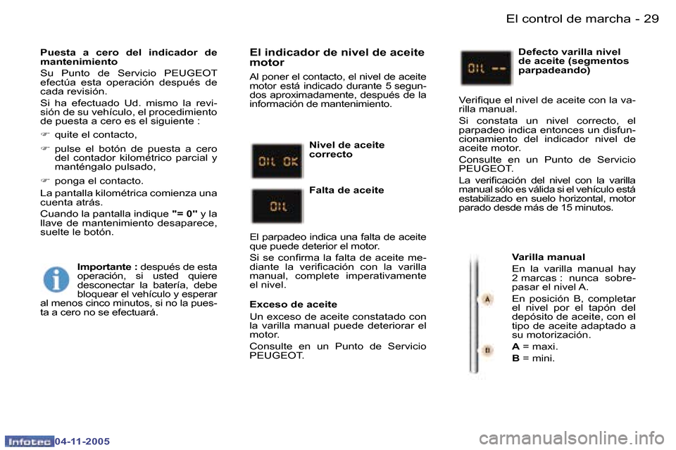 Peugeot 407 C 2005.5  Manual del propietario (in Spanish) �2�8 �-
�0�4�-�1�1�-�2�0�0�5
�2�9
�-
�0�4�-�1�1�-�2�0�0�5
�P�u�e�s�t�a�  �a�  �c�e�r�o�  �d�e�l�  �i�n�d�i�c�a�d�o�r�  �d�e�  
�m�a�n�t�e�n�i�m�i�e�n�t�o 
�S�u�  �P�u�n�t�o�  �d�e�  �S�e�r�v�i�c�i�o� 