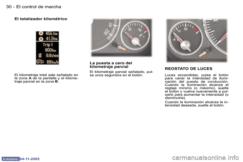 Peugeot 407 C 2005.5  Manual del propietario (in Spanish) �3�0 �-
�0�4�-�1�1�-�2�0�0�5
�3�1
�-
�0�4�-�1�1�-�2�0�0�5
�L�a� �p�u�e�s�t�a� �a� �c�e�r�o� �d�e�l�  
�k�i�l�o�m�e�t�r�a�j�e� �p�a�r�c�i�a�l
�E�l�  �k�i�l�o�m�e�t�r�a�j�e�  �p�a�r�c�i�a�l�  �s�e�ñ�a�