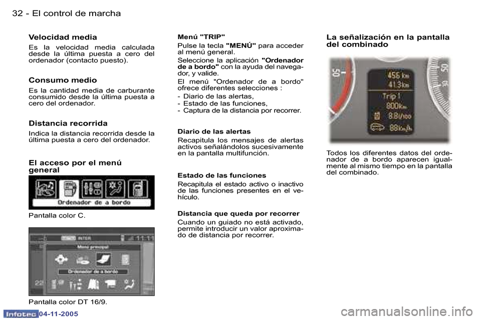 Peugeot 407 C 2005.5  Manual del propietario (in Spanish) �3�2 �-
�0�4�-�1�1�-�2�0�0�5
�V�e�l�o�c�i�d�a�d� �m�e�d�i�a
�E�s�  �l�a�  �v�e�l�o�c�i�d�a�d�  �m�e�d�i�a�  �c�a�l�c�u�l�a�d�a�  
�d�e�s�d�e�  �l�a�  �ú�l�t�i�m�a�  �p�u�e�s�t�a�  �a�  �c�e�r�o�  �d�
