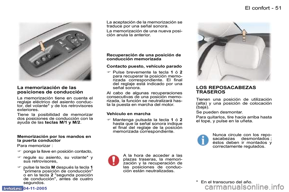 Peugeot 407 C 2005.5  Manual del propietario (in Spanish) �5�0 �-
�0�4�-�1�1�-�2�0�0�5
�5�1
�-
�0�4�-�1�1�-�2�0�0�5
�L�a� �m�e�m�o�r�i�z�a�c�i�ó�n� �d�e� �l�a�s�  
�p�o�s�i�c�i�o�n�e�s� �d�e� �c�o�n�d�u�c�c�i�ó�n
�L�a�  �m�e�m�o�r�i�z�a�c�i�ó�n�  �t�i�e�n